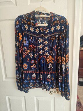 Easel Orange/Blue Floral Peasant Blouse Size L